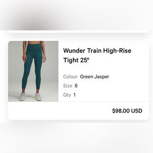 Lululemon Wunder Train High-Ride Tight 25” Green Jasper Size 6